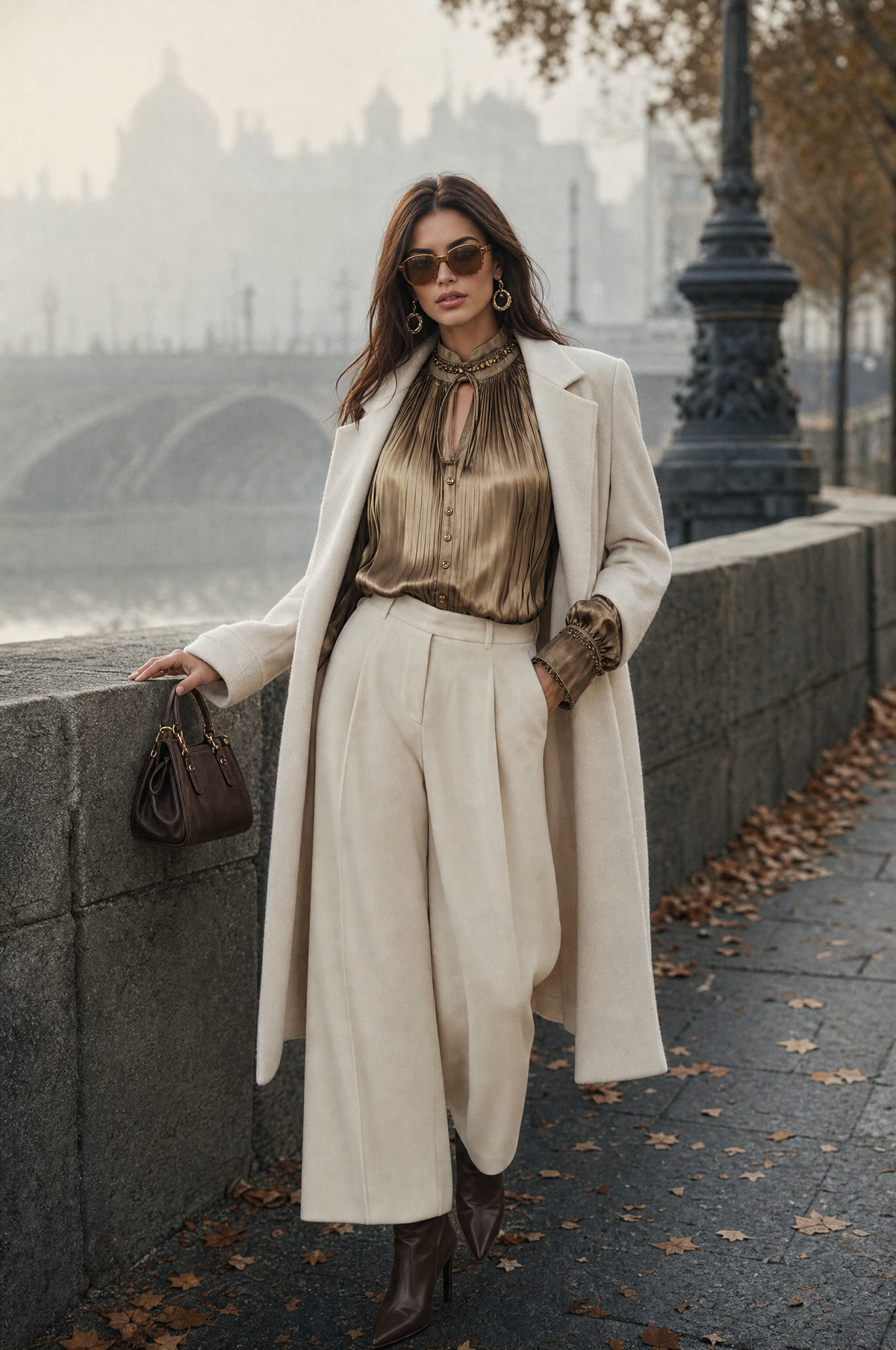 Camicia in raso plissé verde-marrone – look indossato