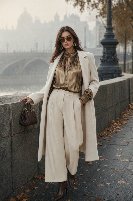 Camicia in raso plissé verde-marrone – look indossato