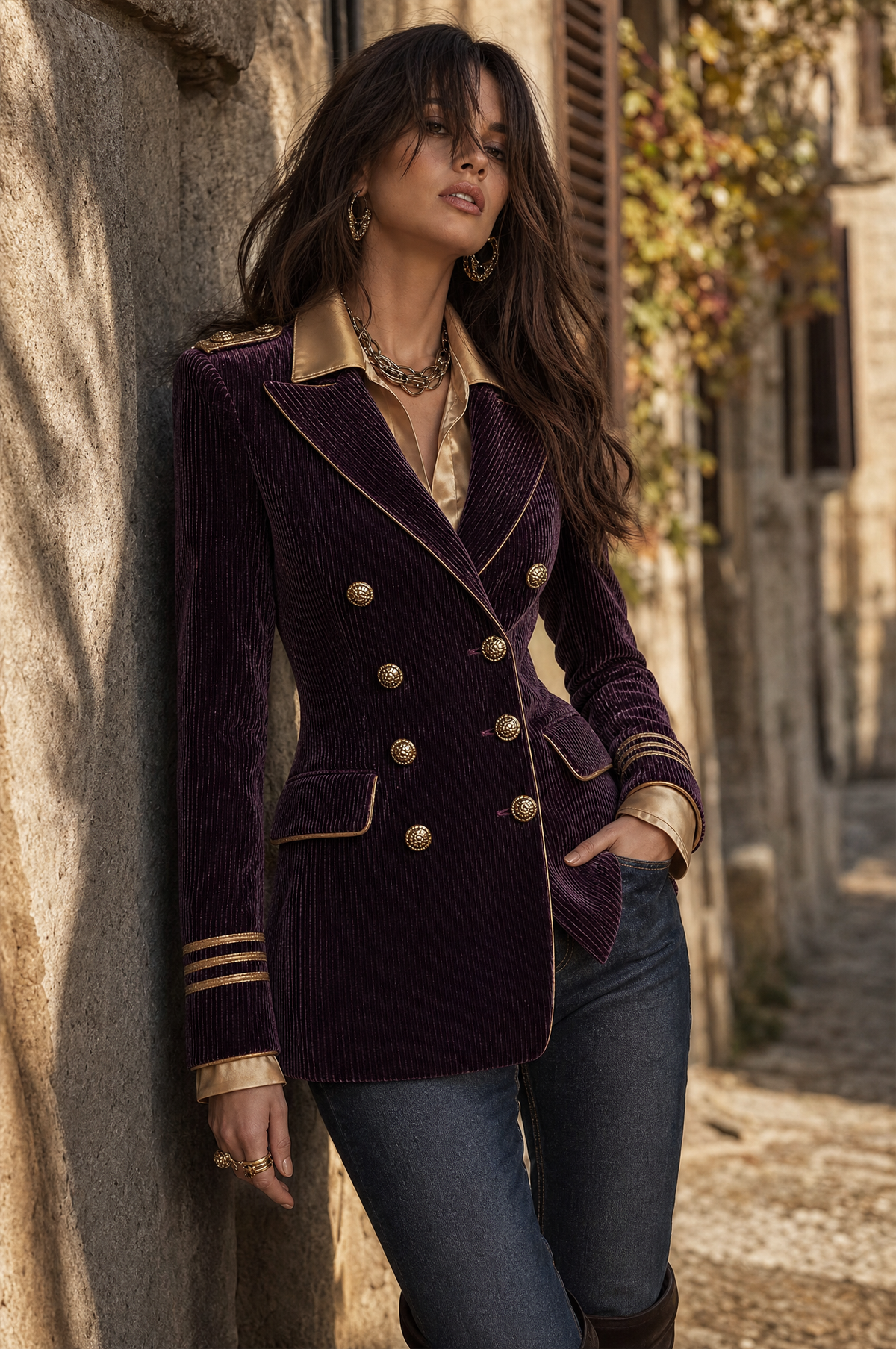 Blazer doppiopetto viola in velluto a coste – look indossato