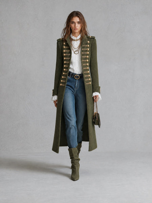Cappotto lungo in maglia verde oliva con bottoni decorativi – look indossato
