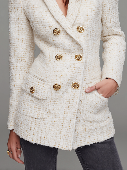 Giacca doppiopetto in tweed avorio – look indossato