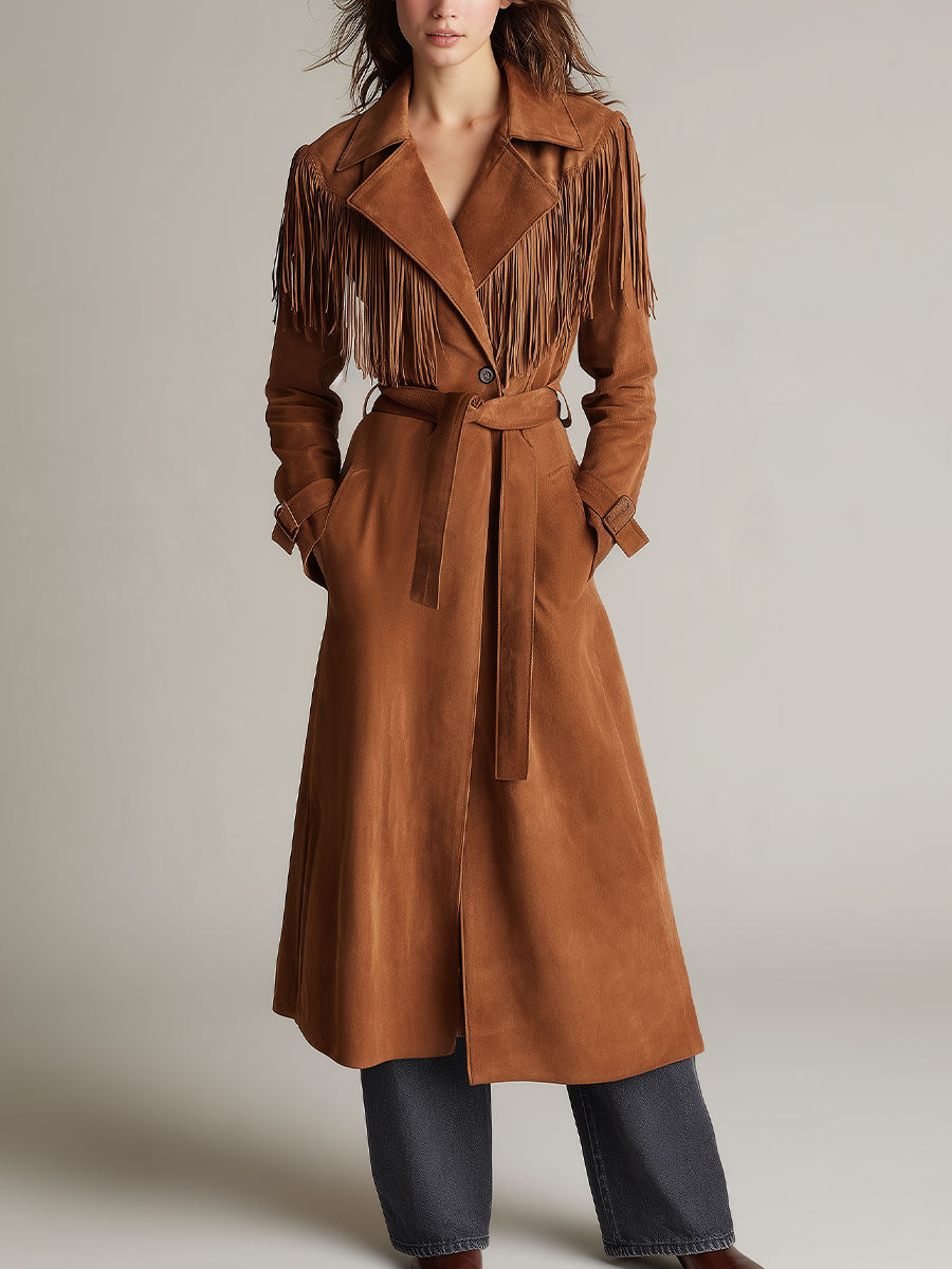Trench cognac effetto scamosciato con frange – vista frontale