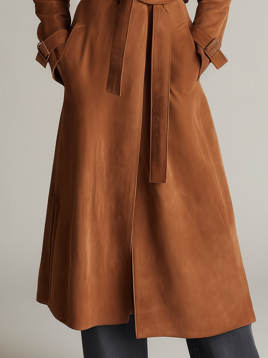 Trench cognac effetto scamosciato con frange – dettaglio