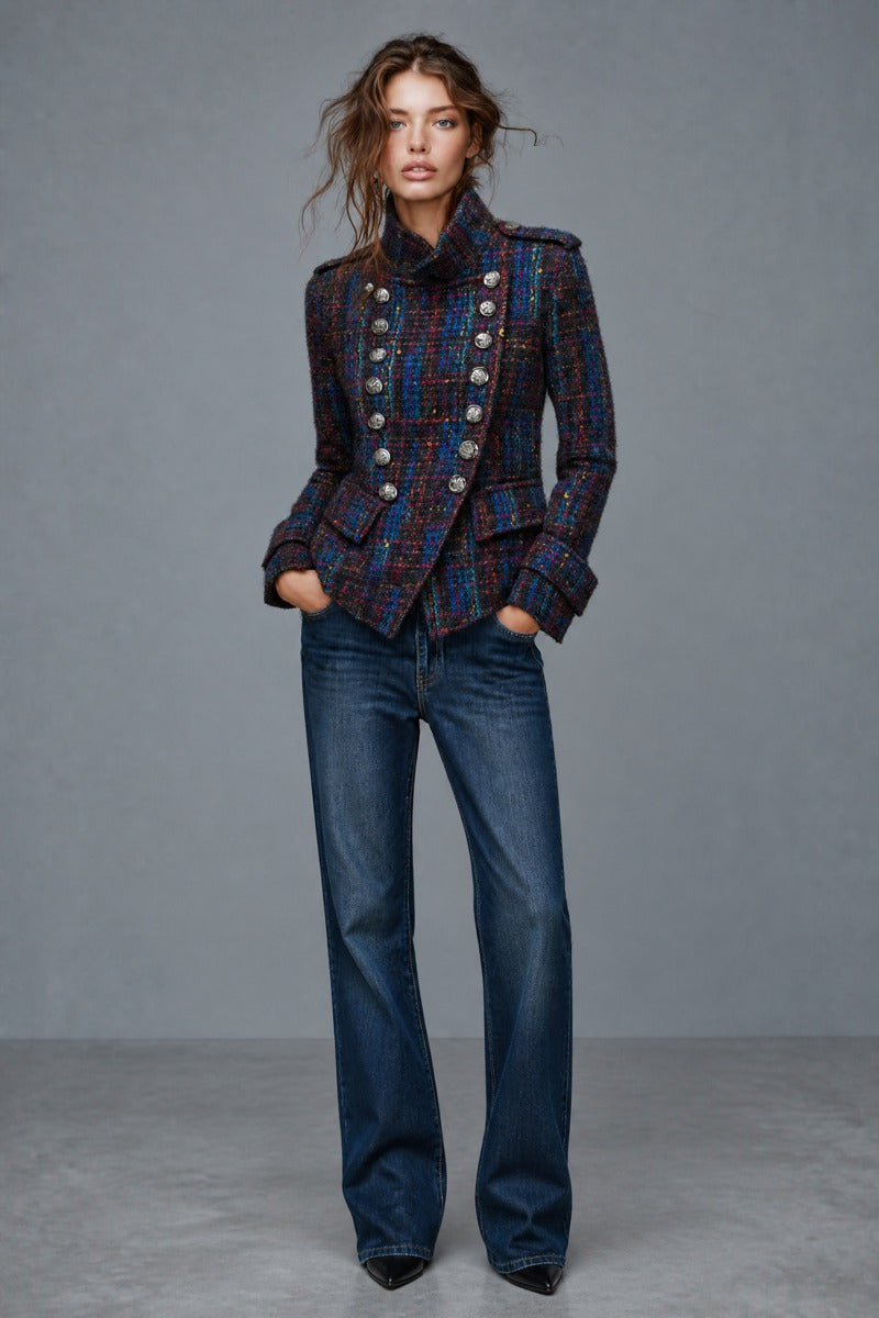 Cappotto in tweed blu royal doppiopetto – dettaglio