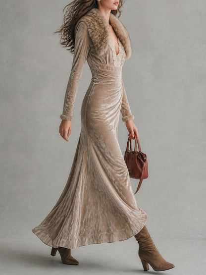 Abito maxi beige in velluto – dettaglio