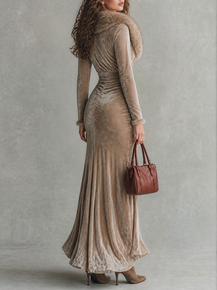 Abito maxi beige in velluto – vista laterale
