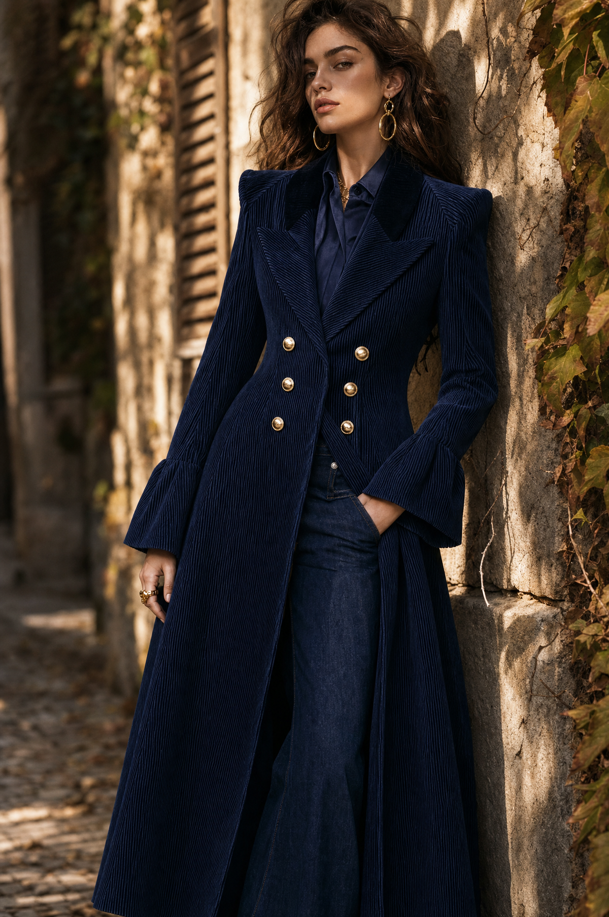 Cappotto doppiopetto blu navy in velluto a coste – look indossato