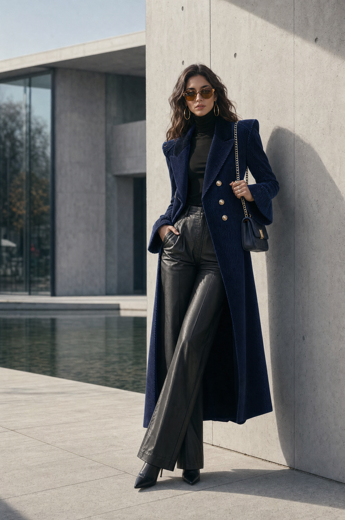 Cappotto doppiopetto blu navy in velluto a coste – look completo