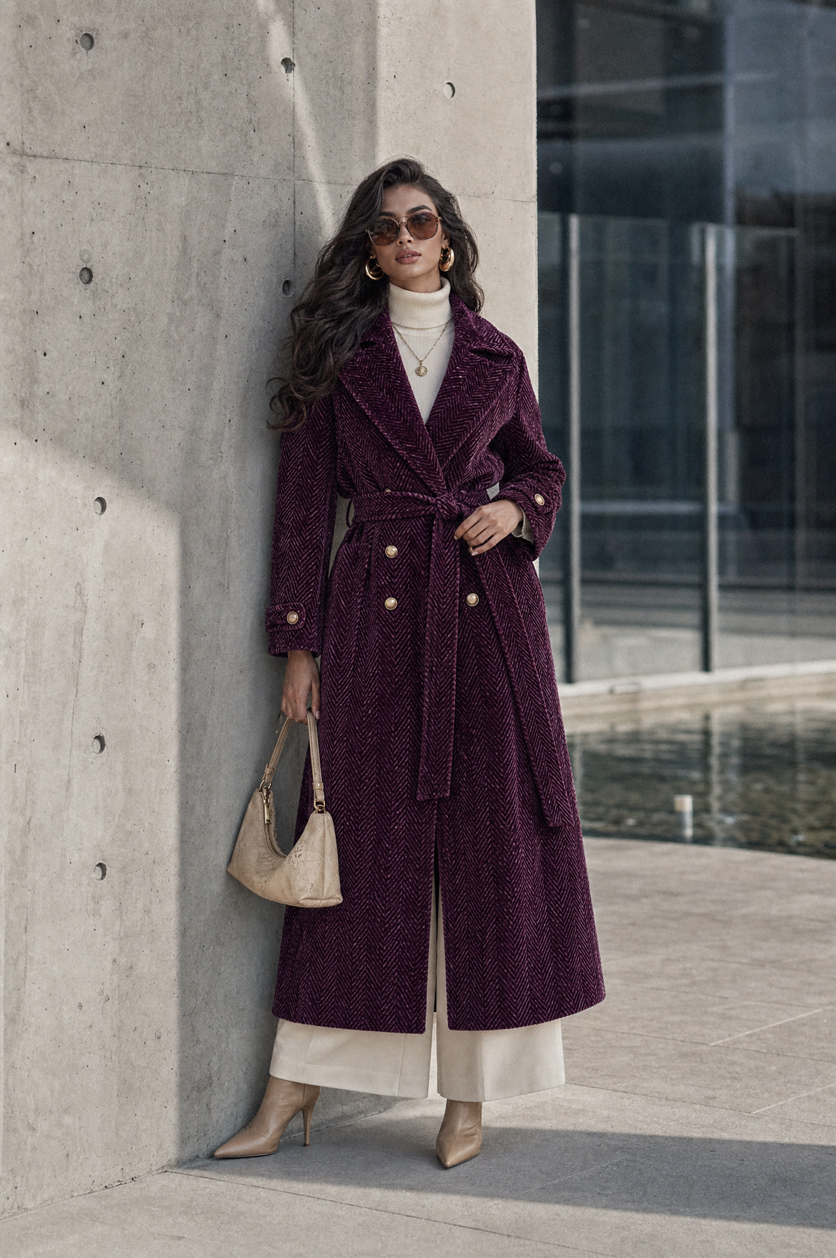 Cappotto lungo viola prugna – vista laterale
