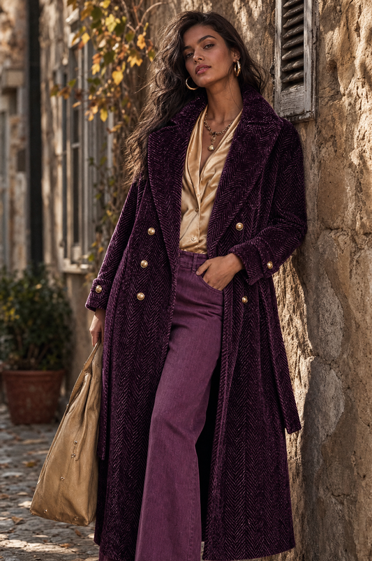 Cappotto viola prugna in ciniglia – look indossato