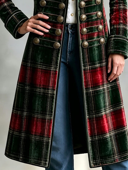 Cappotto lungo in velluto tartan rosso e verde – dettaglio