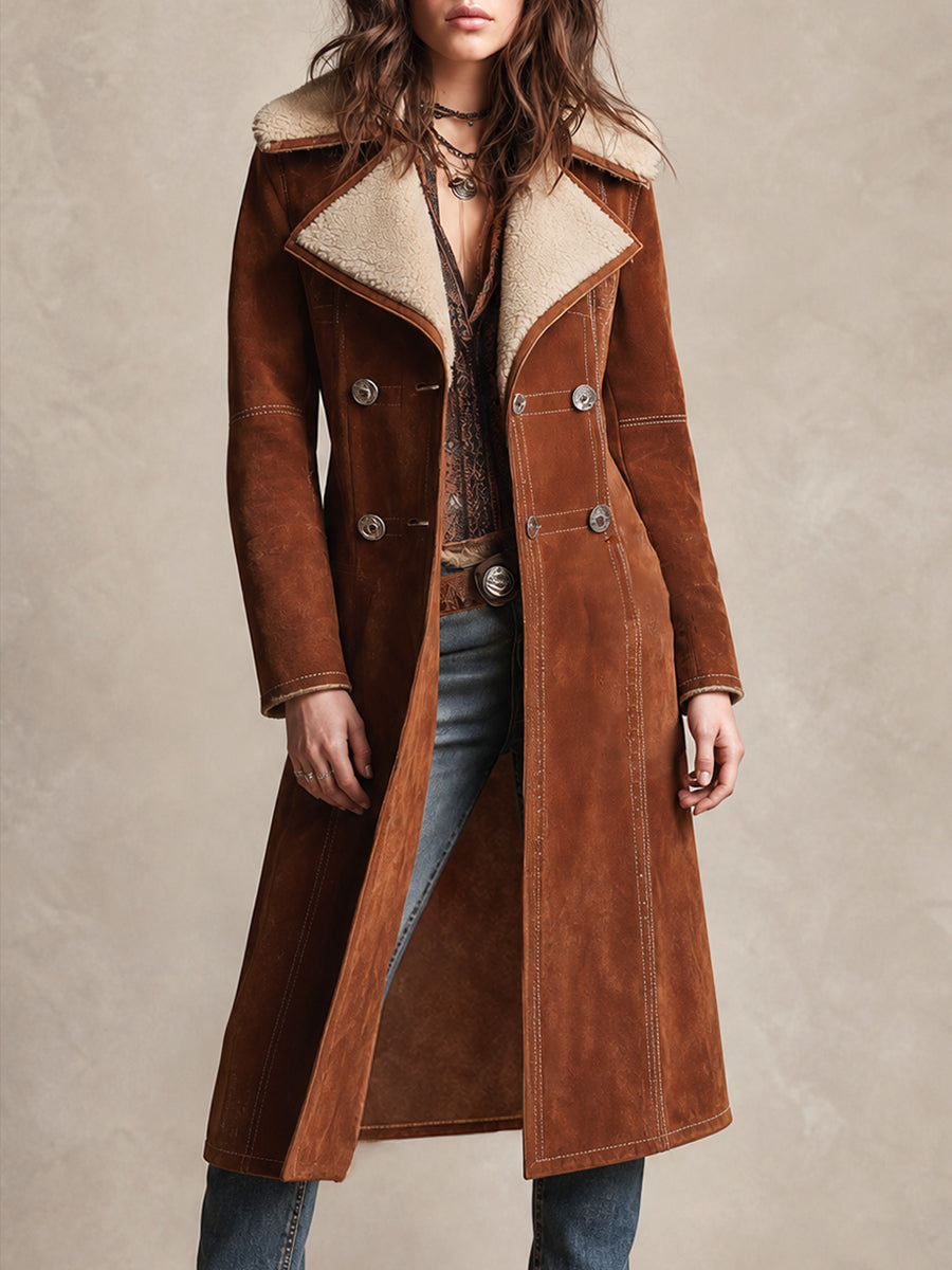 Spolverino lungo in shearling marrone – vista frontale