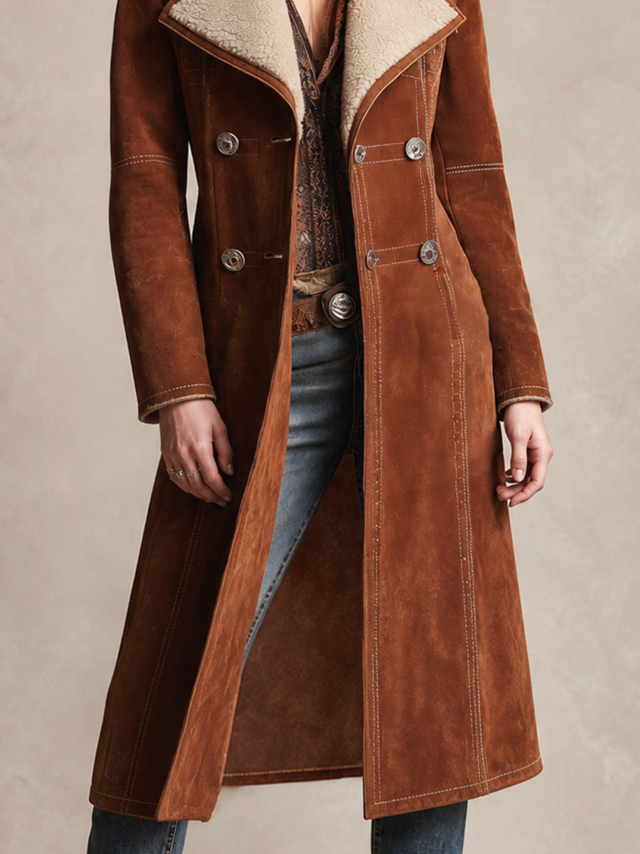 Spolverino lungo in shearling marrone – dettaglio