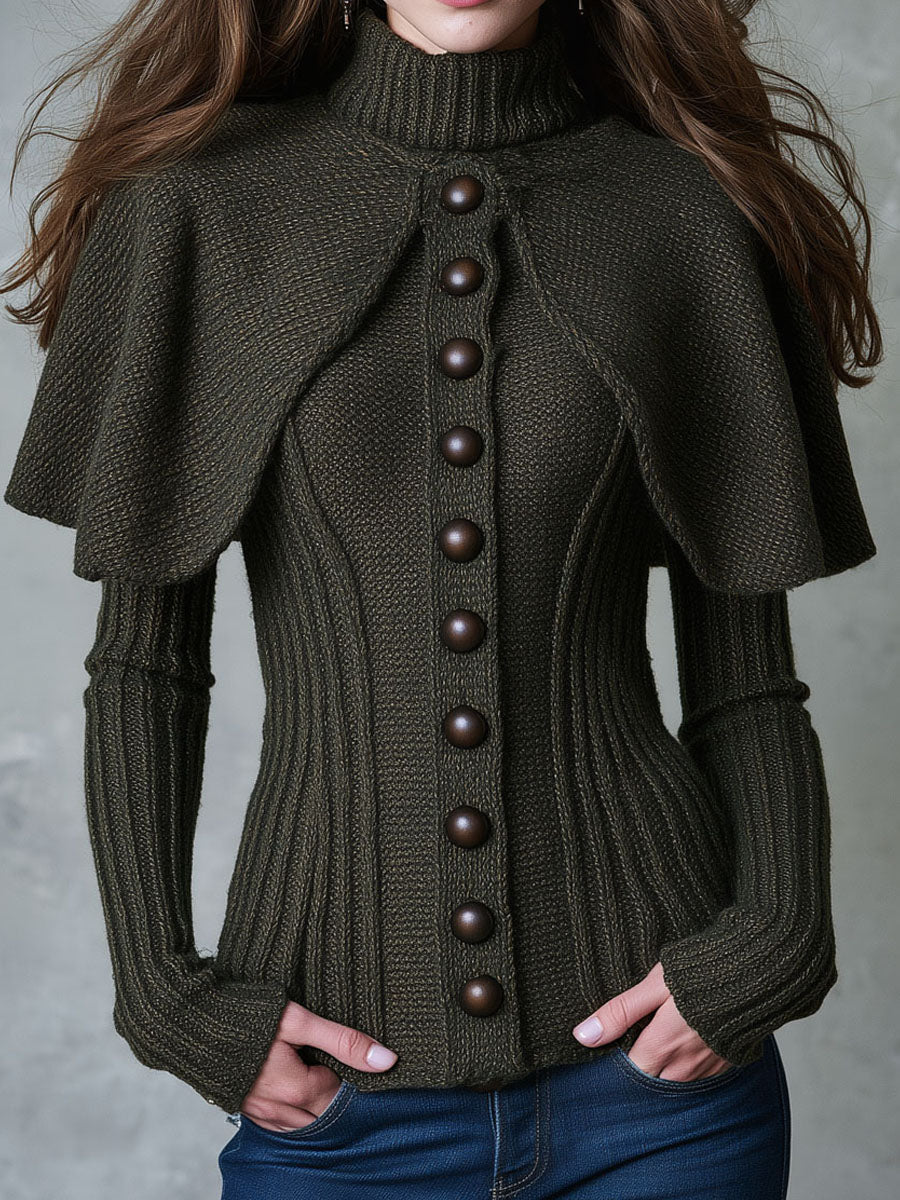 Maglione a coste verde oliva scuro con mantellina – vista frontale