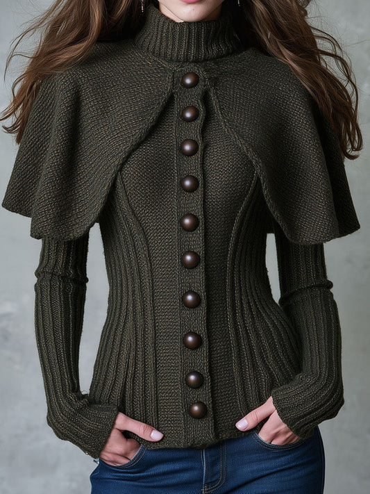Maglione a coste verde oliva scuro con mantellina – vista frontale