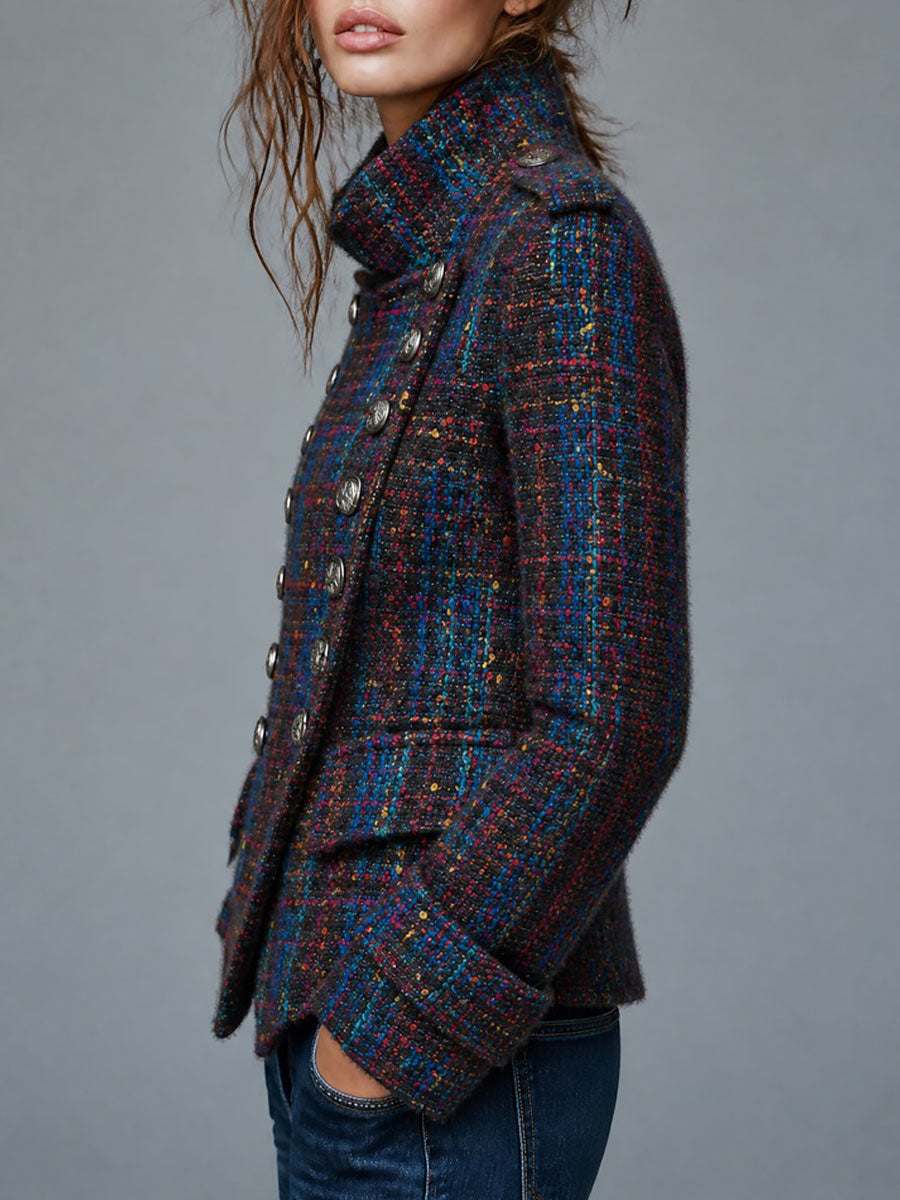 Cappotto in tweed blu royal doppiopetto – vista laterale