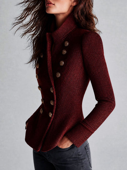 Cardigan doppiopetto bordeaux con bottoni dorati – dettaglio