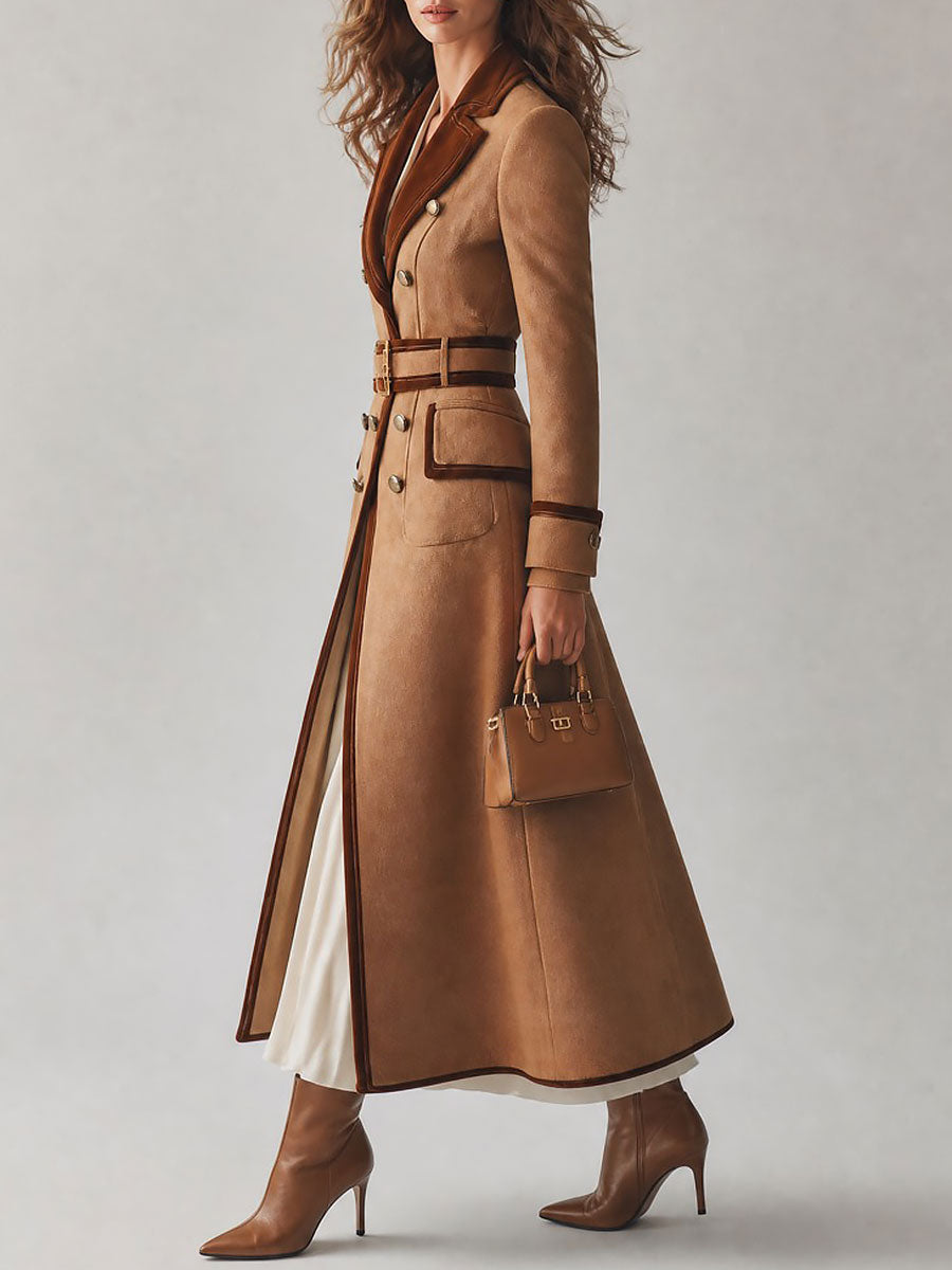 Cappotto cammello doppiopetto in lana con cintura – look completo