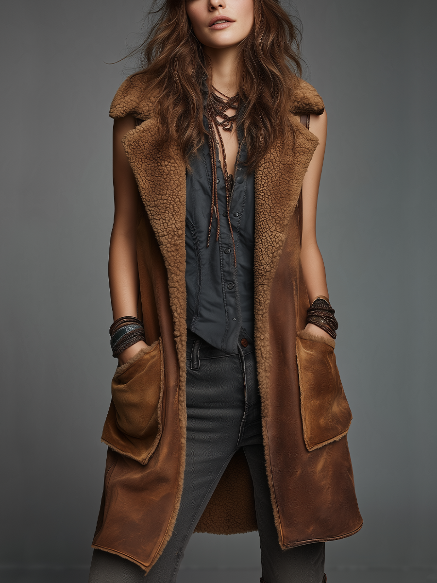 Gilet lungo cognac in eco-shearling – vista frontale