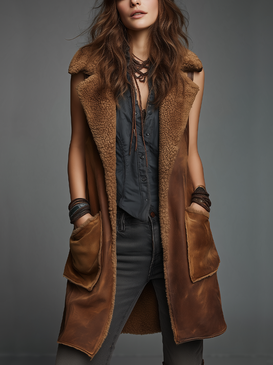 Gilet lungo cognac in eco-shearling – vista frontale