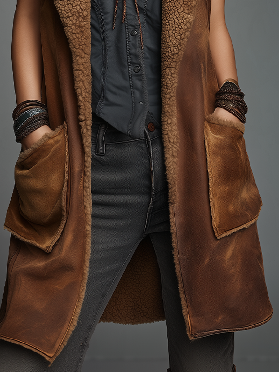 Gilet lungo cognac in eco-shearling – vista laterale