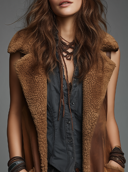 Gilet lungo cognac in eco-shearling – dettaglio