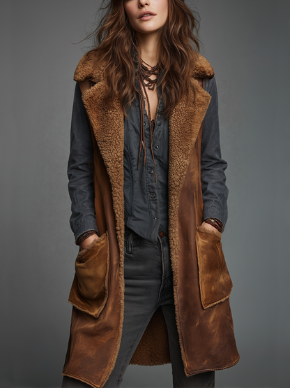 Gilet lungo cognac in eco-shearling – look indossato
