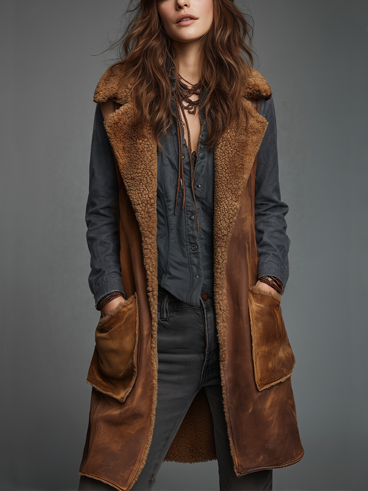 Gilet lungo cognac in eco-shearling – look indossato