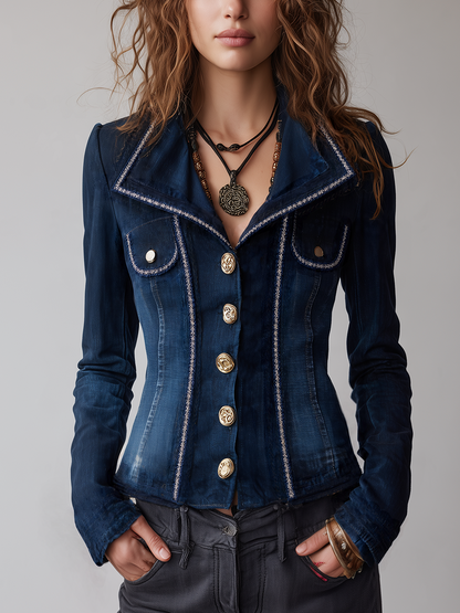 Giacca di jeans indaco con bottoni dorati – vista frontale