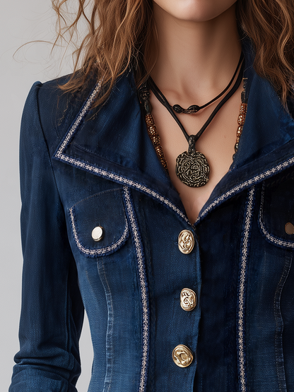 Giacca di jeans indaco con bottoni dorati – look indossato