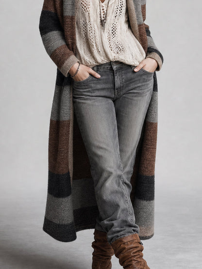 Cardigan spolverino a righe marrone, nero e grigio – dettaglio