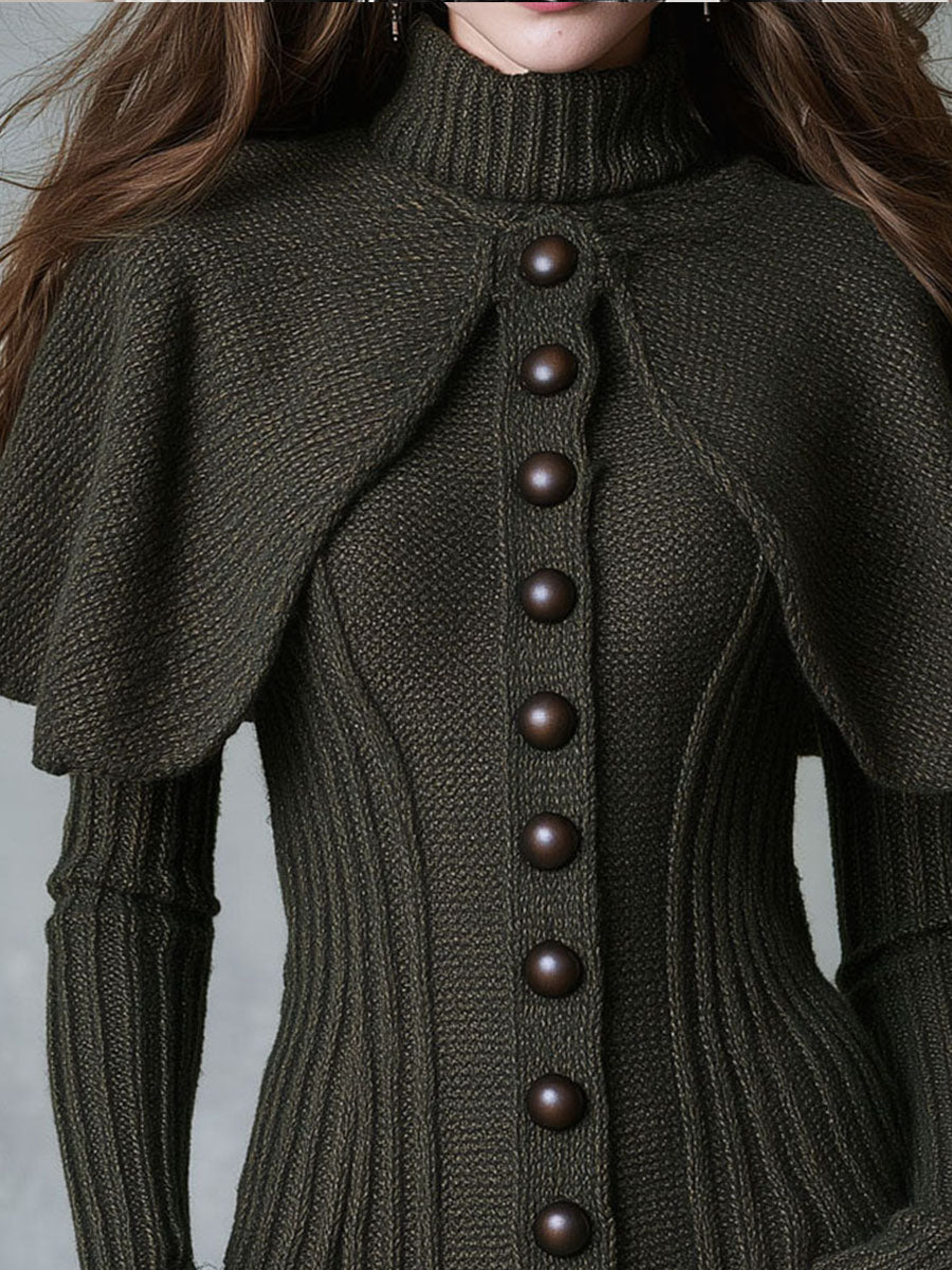 Maglione a coste verde oliva scuro con mantellina – look indossato