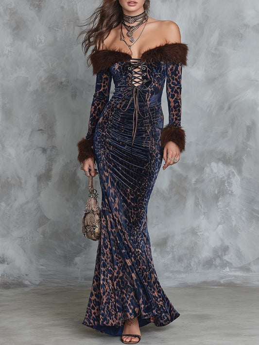 Abito maxi a sirena leopardato blu navy – vista frontale