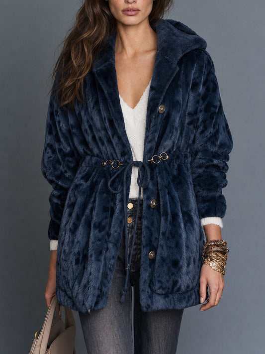 Giacca in eco-pelliccia blu notte – vista frontale