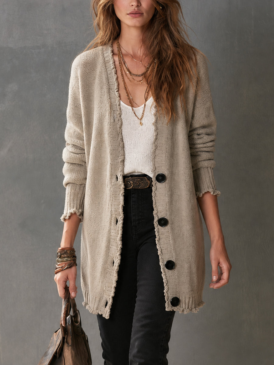 Cardigan color avena con bordi sfrangiati – vista frontale