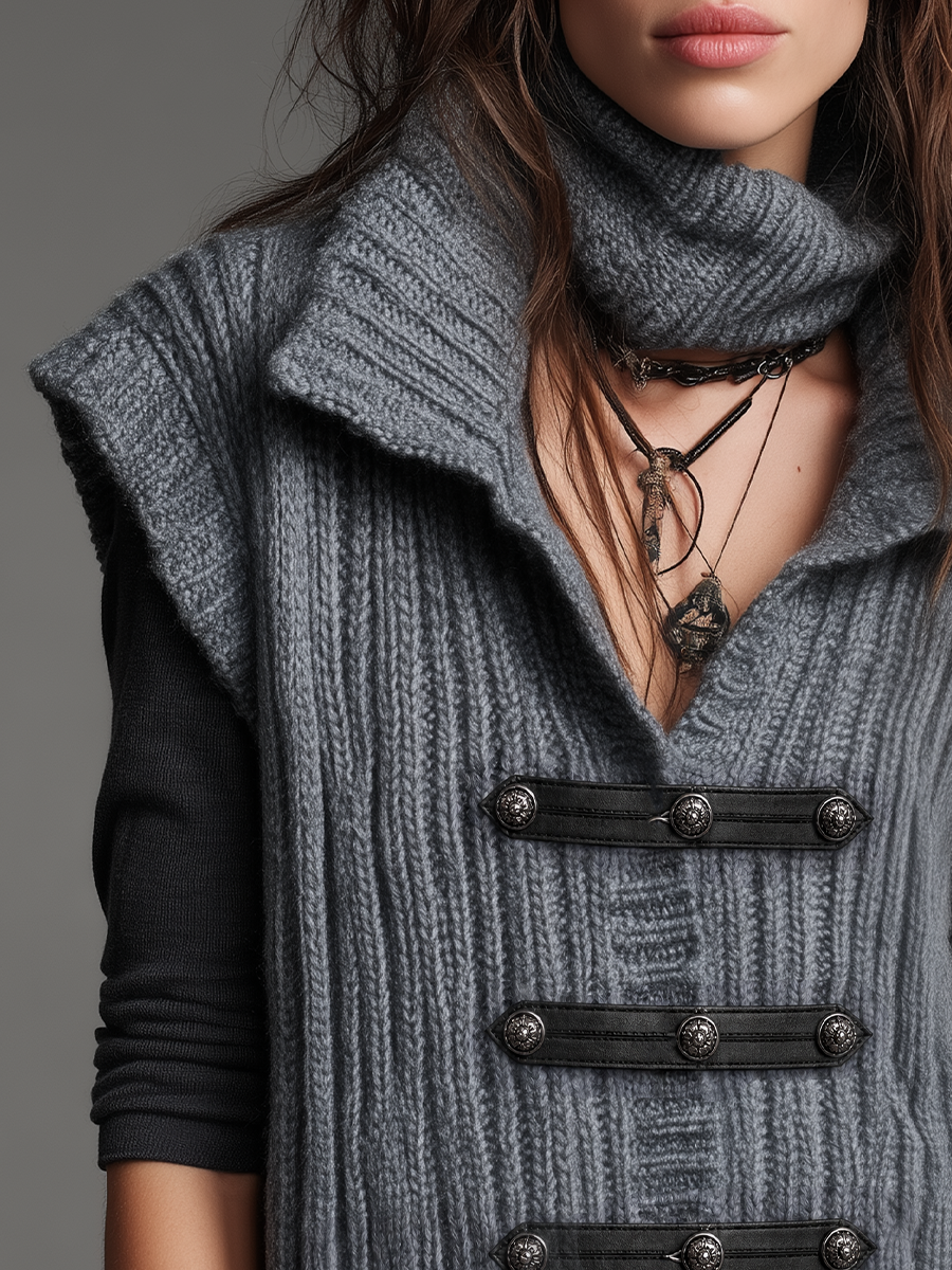 Gilet in maglia grigio antracite con alamari – look indossato