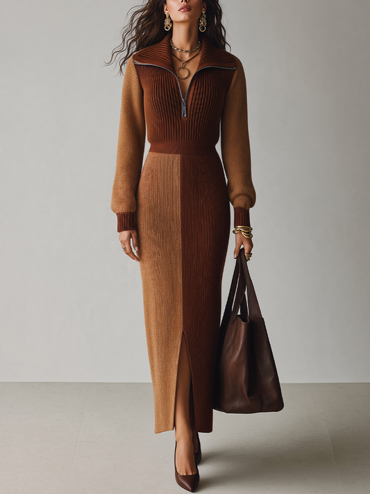 Abito lungo in maglia camel color block – vista frontale