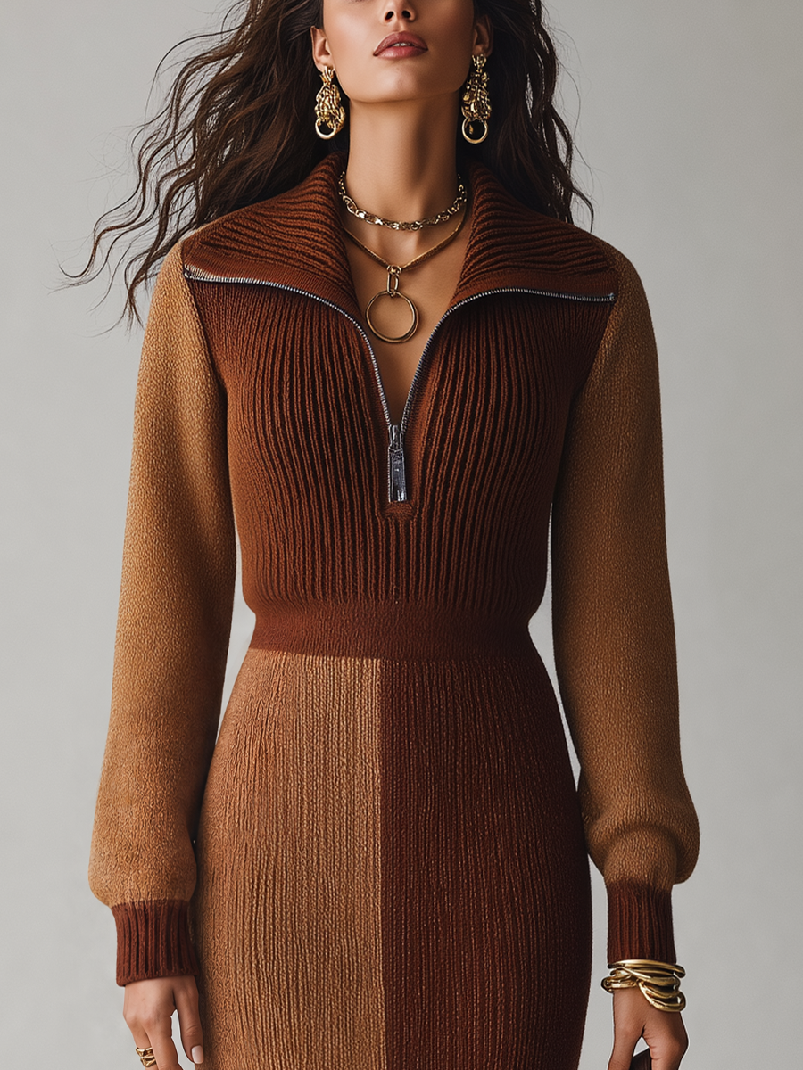 Abito lungo in maglia camel color block – vista laterale