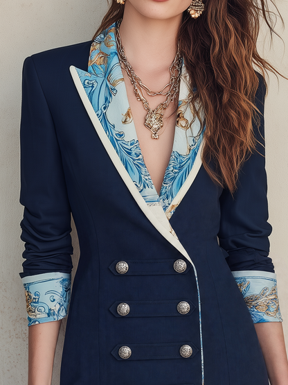 Abito blazer doppiopetto blu navy stampato – look indossato