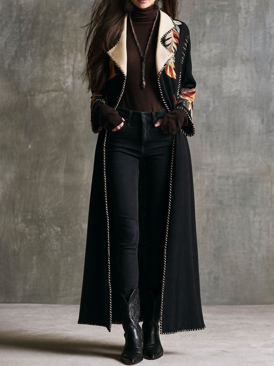 Spolverino lungo in microsuede nero con revers a fiori – vista frontale