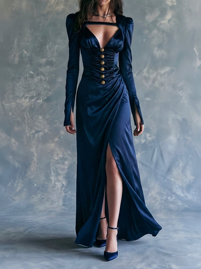 Abito lungo in raso blu navy con scollo a V – vista frontale
