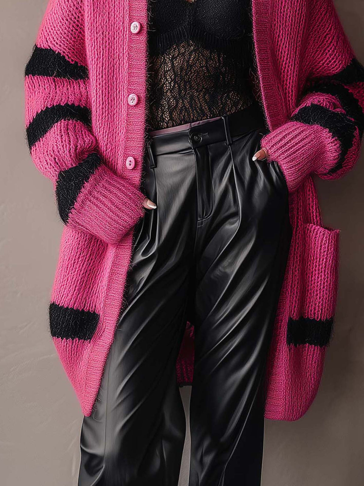 Cardigan fucsia con righe nere – vista 3