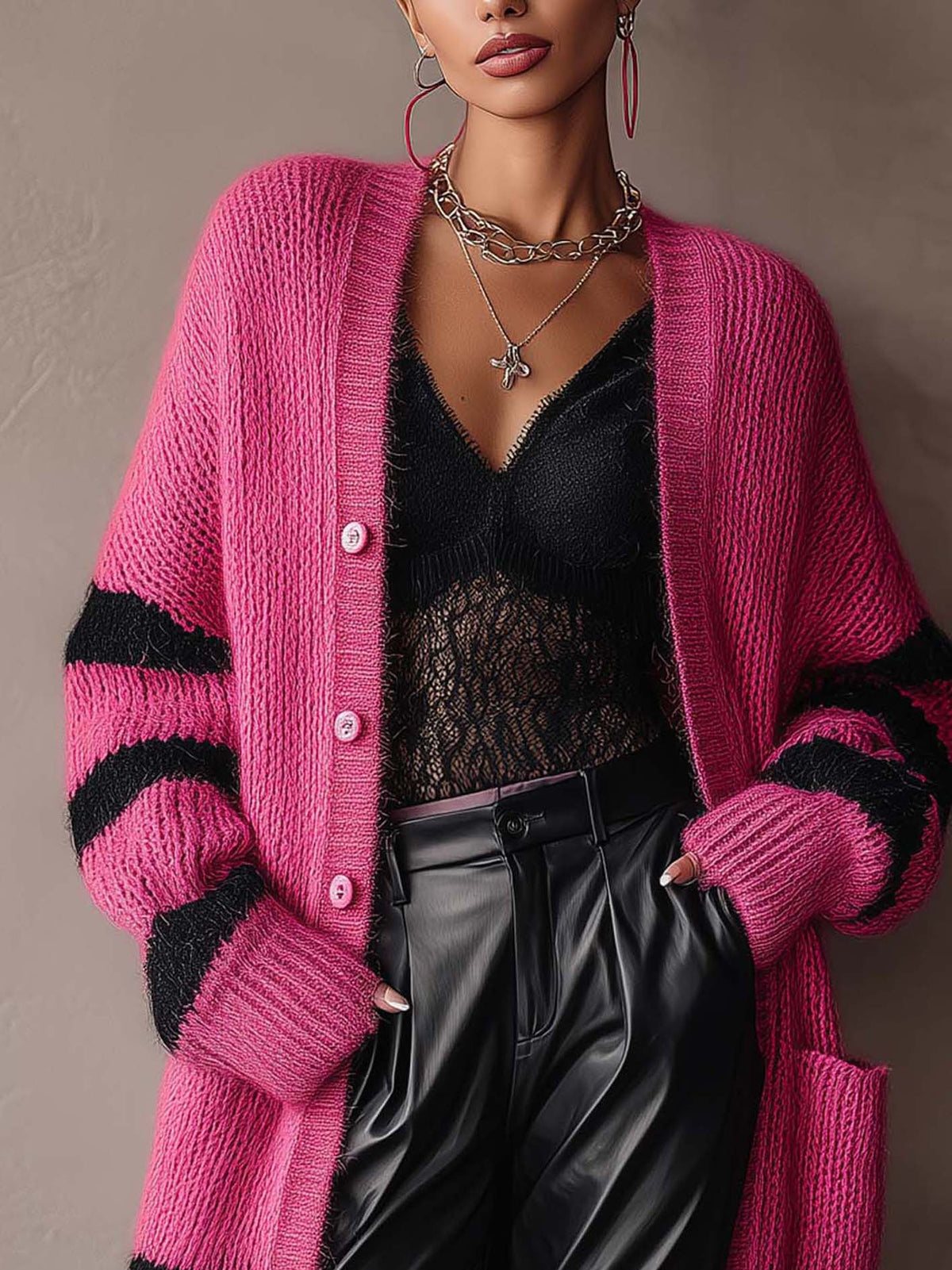 Cardigan fucsia con righe nere – vista 2