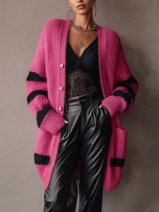 Cardigan fucsia con righe nere – vista frontale