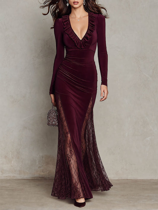 Abito maxi bordeaux in velluto con pizzo – vista frontale