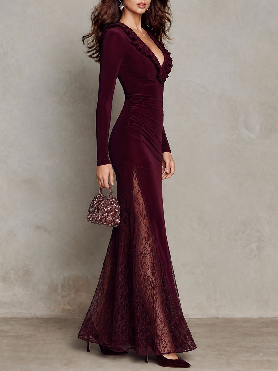 Abito maxi bordeaux in velluto con pizzo – dettaglio
