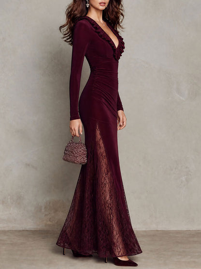 Abito maxi bordeaux in velluto con pizzo – dettaglio