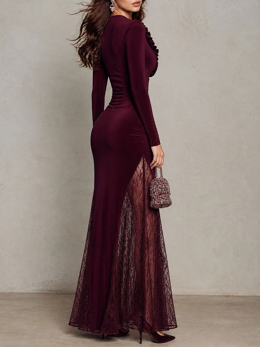 Abito maxi bordeaux in velluto con pizzo – vista laterale