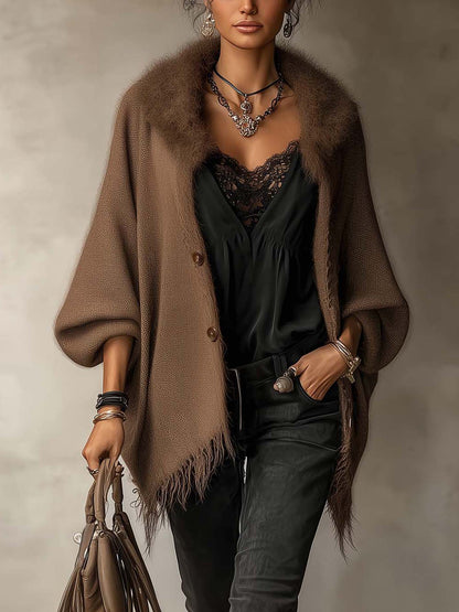 Cardigan marrone con frange – vista frontale