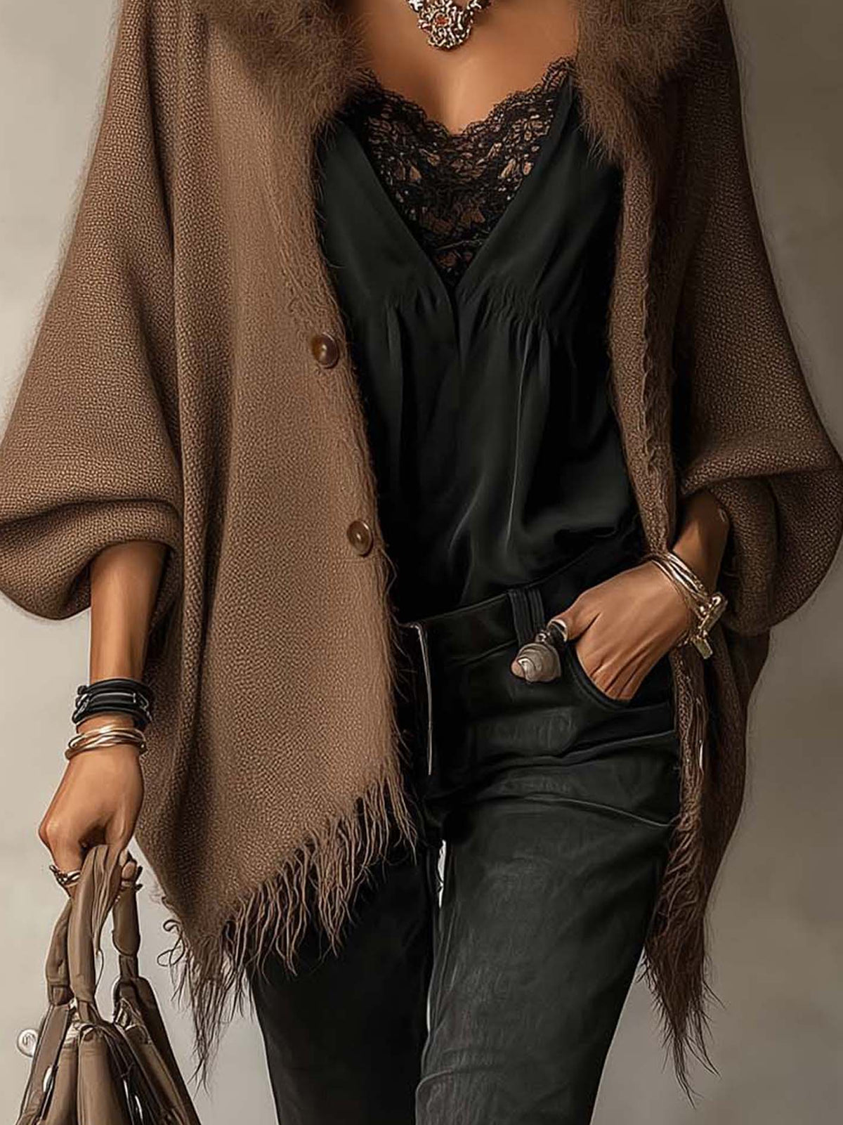 Cardigan marrone con frange – vista 3